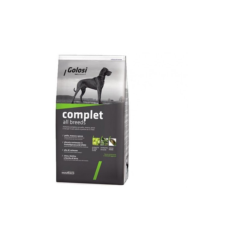 Golosi Complet all breeds completo con pollo manzo pesce e riso per cane adulto a partire da 12 mesi da kg 12