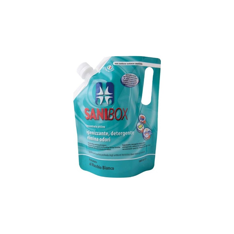 Sanibox Detergente Igienizzante elimina odori da 1 litro Profumazione Muschio Bianco