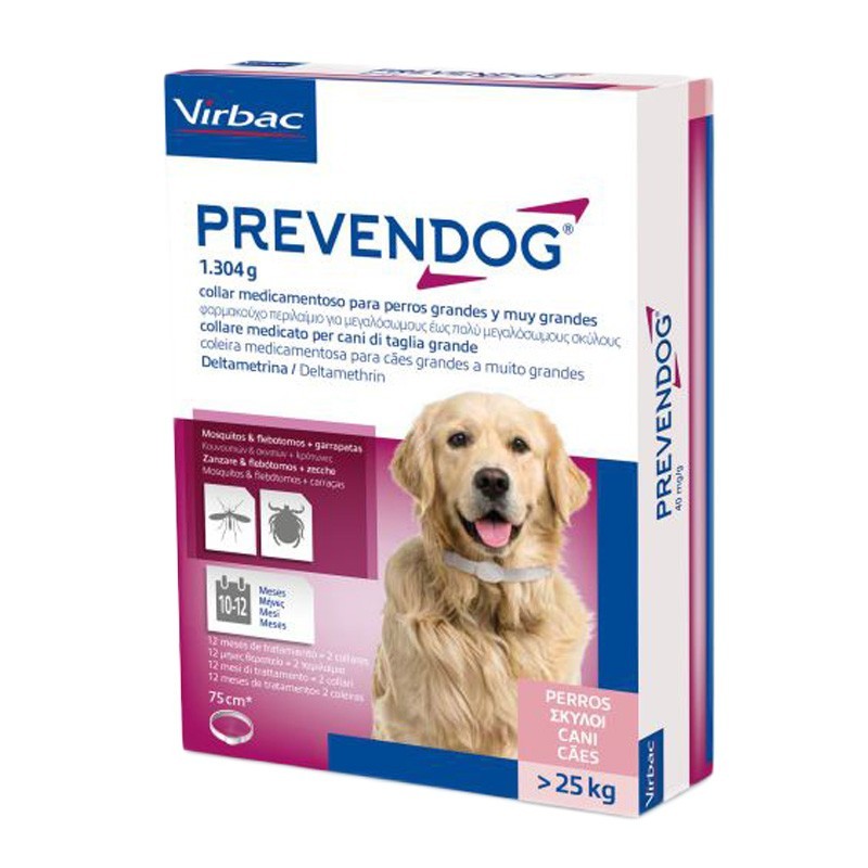 PREVENDOG confezione da 2 collari 1,304 Deltametrina COLLARE 75 cm antiparassitari Contro pulci, zecche, flebotomi fino a 6 mesi