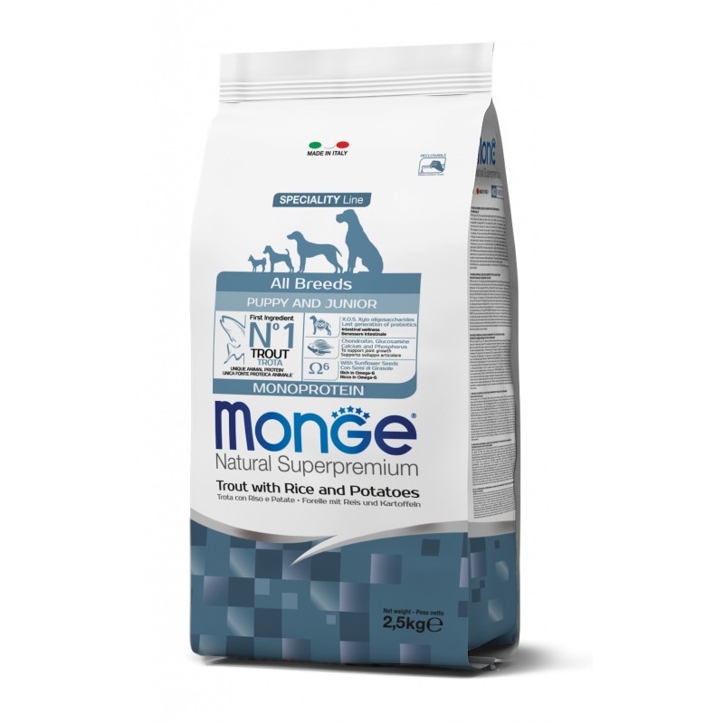 Monge Superpremium All Breeds Puppy & Junior trota riso e patate da kg 12