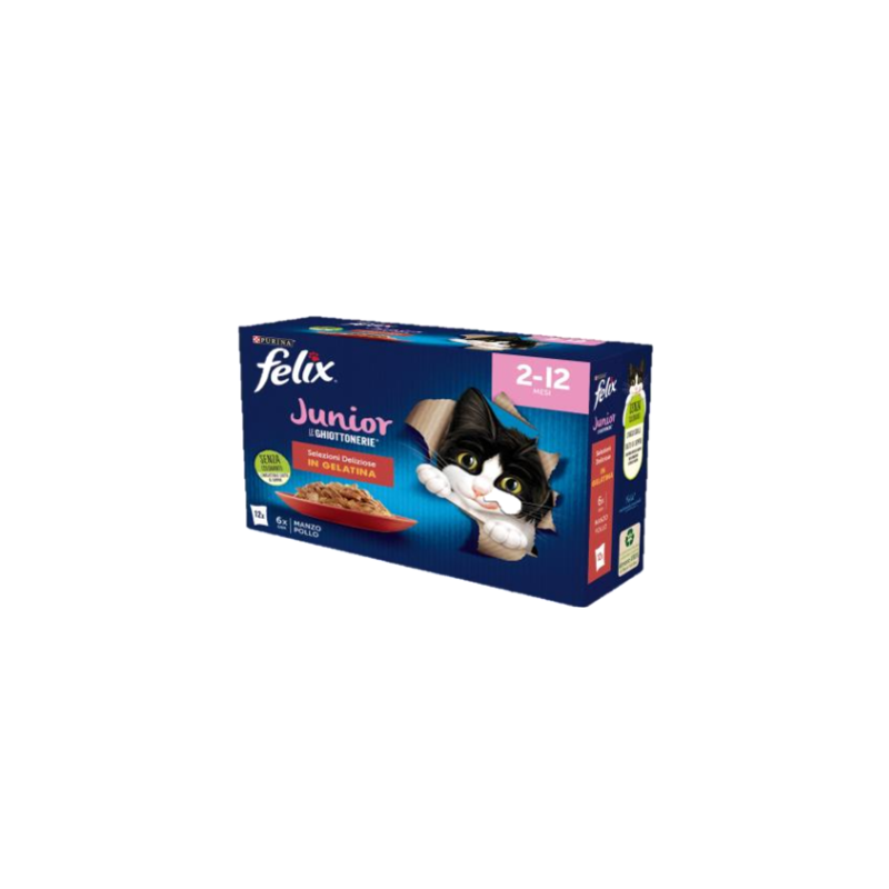 Purina Felix Junior le ghiottonerie selezioni deliziose in gelatina manzo e pollo confezione da 12 bustine da 85 gr