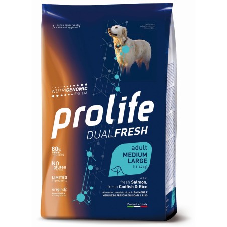 Prolife Dual Fresh Adult Salmone Fresco diliscato, Merluzzo Fresco diliscato e Riso Medium/Large da kg 12