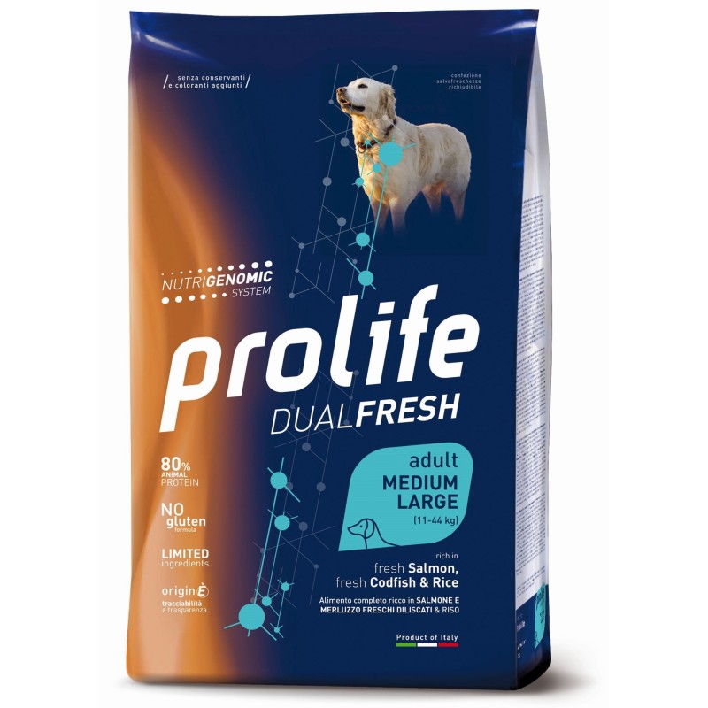 Prolife Dual Fresh Adult Salmone Fresco diliscato, Merluzzo Fresco diliscato e Riso Medium/Large da kg 12