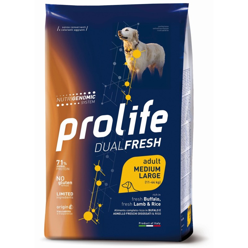 Prolife Dual Fresh Adult Bufalo Fresco disossato, Agnello Fresco disossato e Riso Medium/Large da kg 12