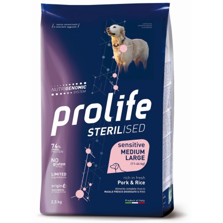 Prolife Sterilised Sensitive Adult Maiale Fresco disossato e Riso Medium/Large da kg 12