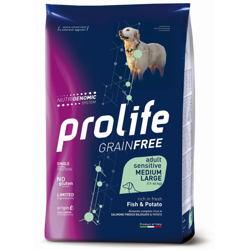 Prolife Grain Free Adult Sensitive Salmone Fresco diliscato e Patate Medium/Large da kg 10