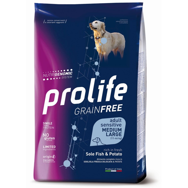 Prolife Grain Free Adult Sensitive Sole Sogliola Fresca diliscata e Patate Medium/Large da kg 10