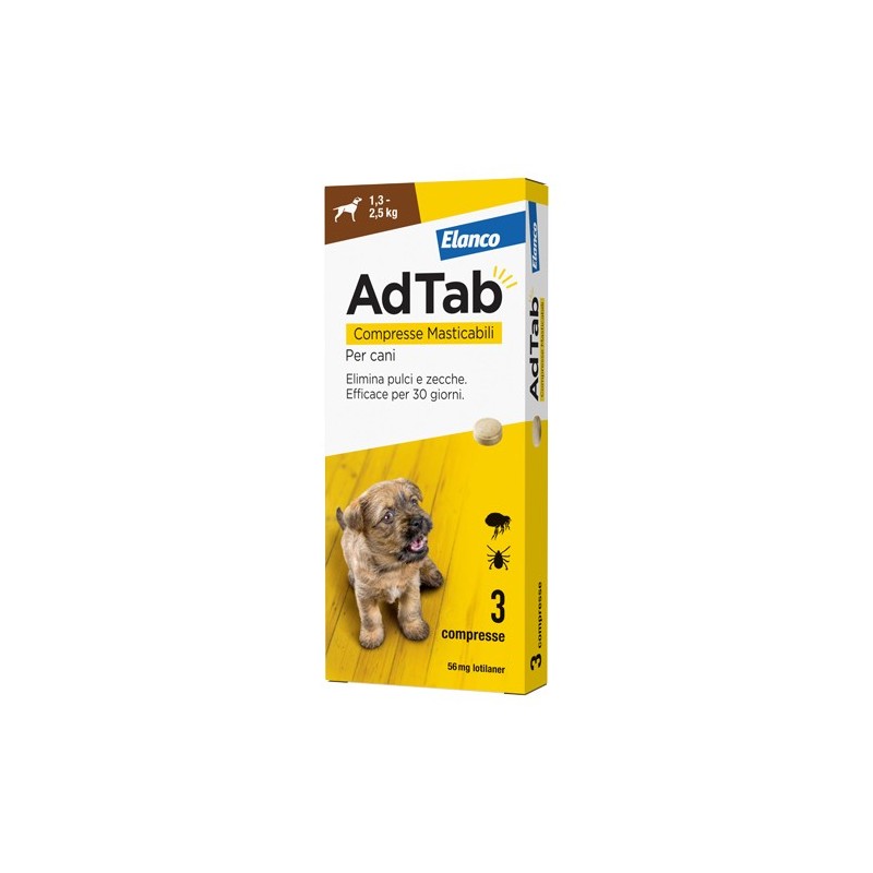 Elanco Adtab Per Cani Da 1,3 A 2,5 kg 3 Compresse Masticabili 56 mg