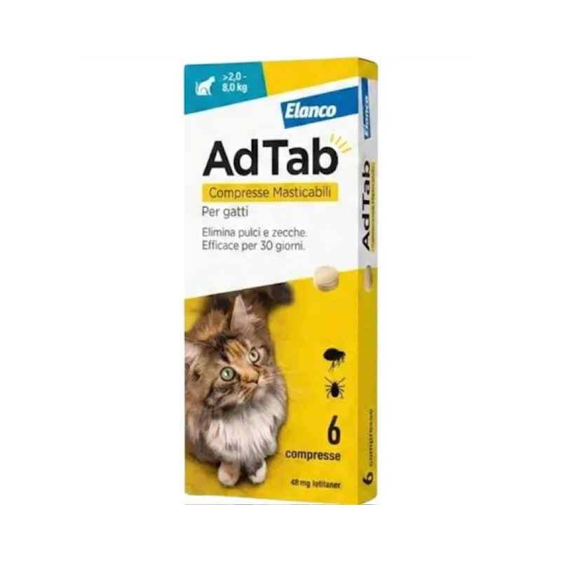 Elanco Adtab Per Gatti Da 2 A 8 kg 6 Compresse Masticabili 48 mg Spedizione Rapida