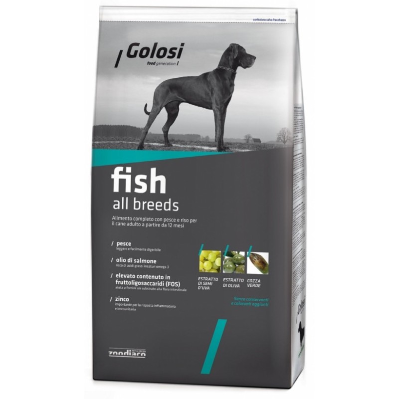 Golosi Fish con pesce e riso per il cane adulto di qualsiasi taglia da 12 kg