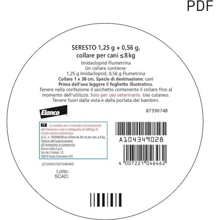 Seresto Collare Antiparassitario Cani fino a 8 kg 38 cm Protezione Pulci e Zecche 8 Mesi